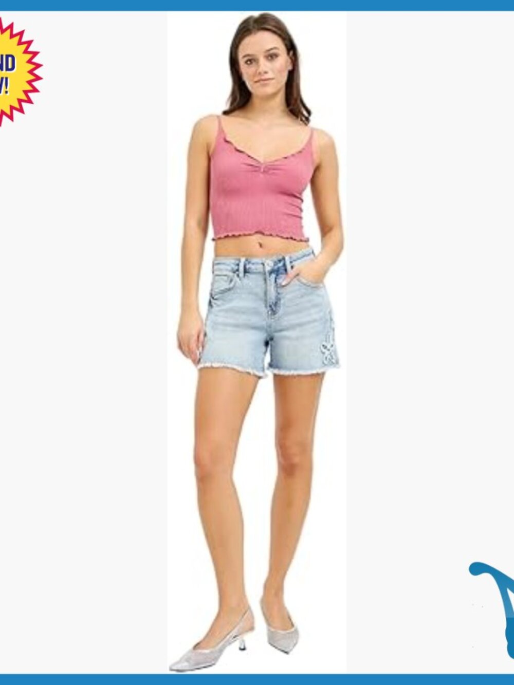 High Rise Stretch Denim Bermuda Shorts with Floral Embroidery
